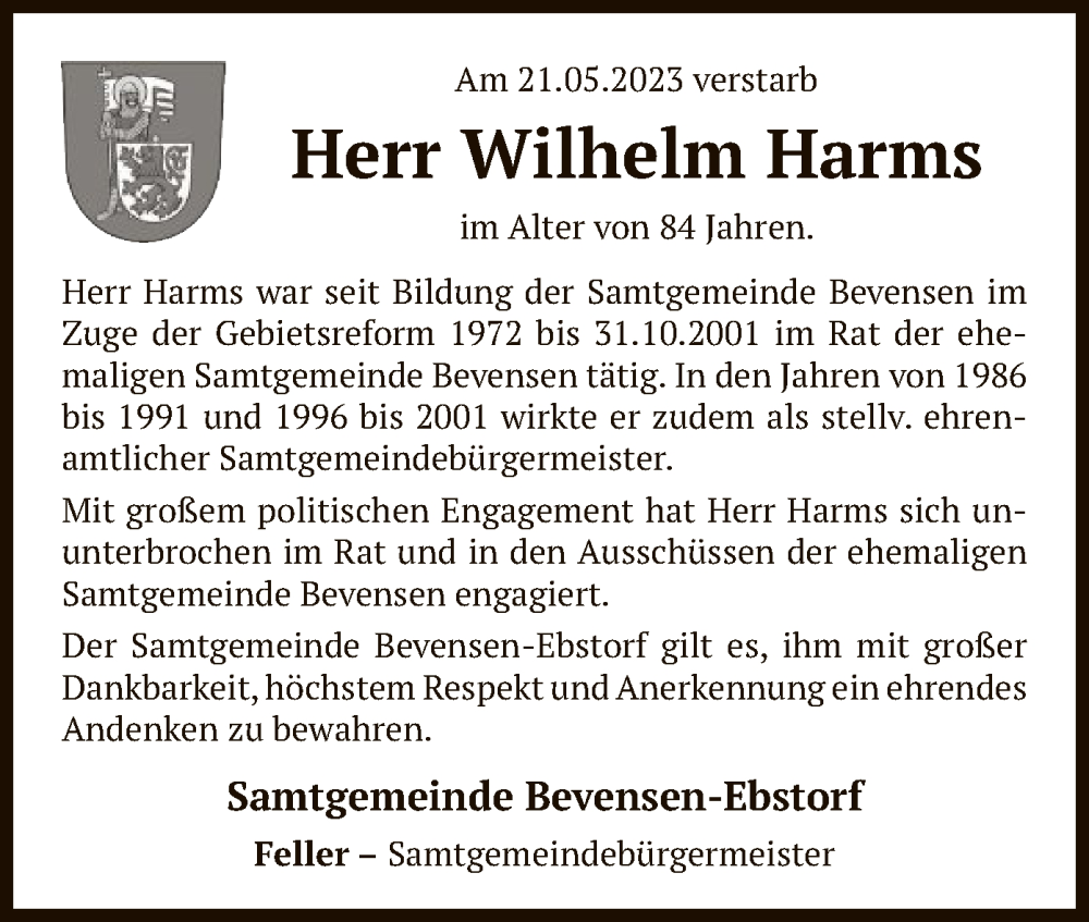  Traueranzeige für Wilhelm Harms vom 26.05.2023 aus UEL