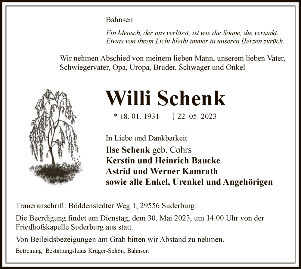 Traueranzeige für Willi Schenk vom 24.05.2023 aus UEL
