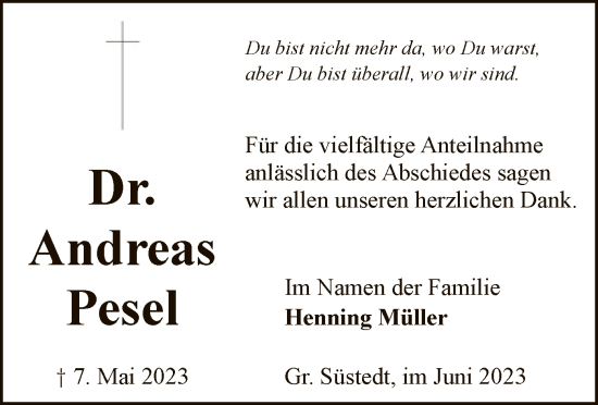 Traueranzeige von Andreas Pesel von UEL