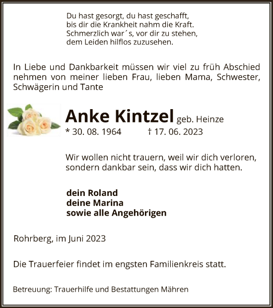 Traueranzeige von Anke Kintzel von UEL