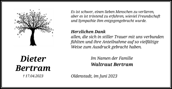 Traueranzeige von Dieter Bertram von UEL