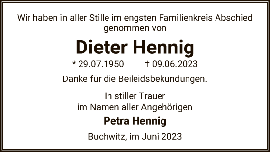 Traueranzeige von Dieter Hennig von UEL