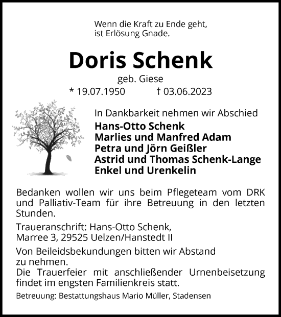 Traueranzeige von Doris Schenk von UEL