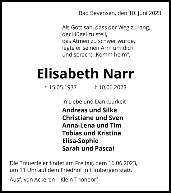 Traueranzeige von Elisabeth Narr von UEL