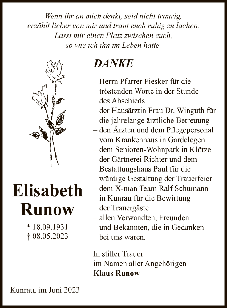  Traueranzeige für Elisabeth Runow vom 09.06.2023 aus UEL