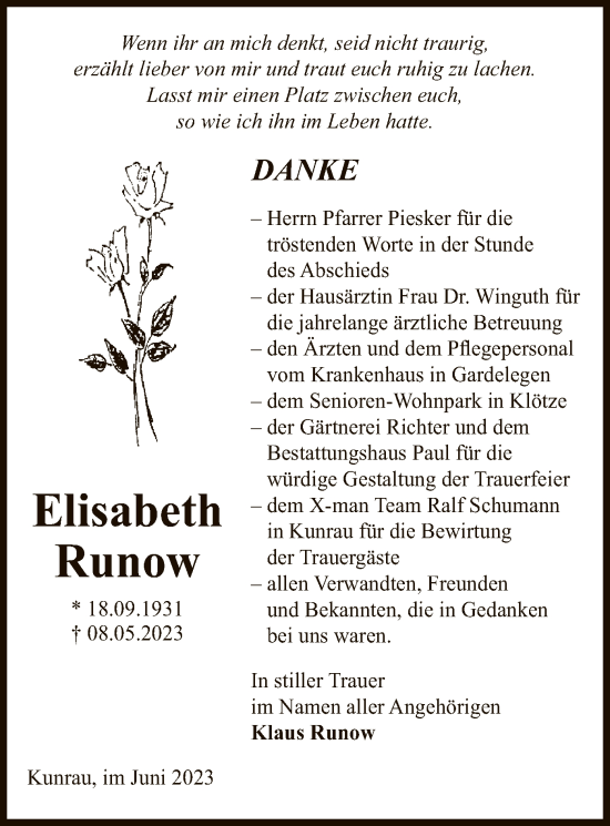 Traueranzeige von Elisabeth Runow von UEL