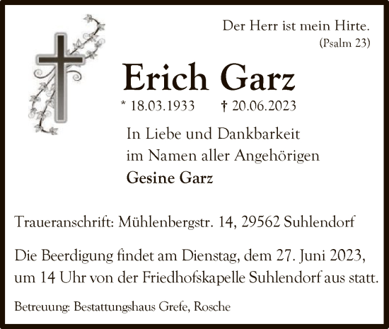 Traueranzeige von Erich Garz von UEL