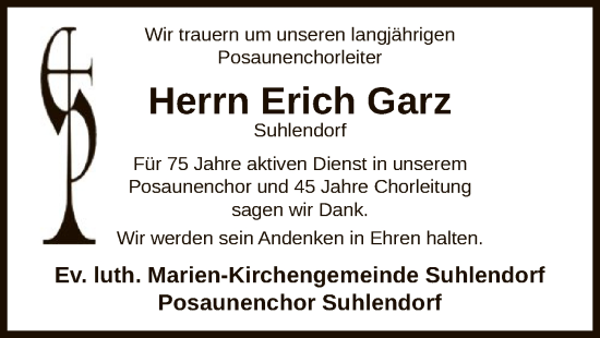 Traueranzeige von Erich Garz von UEL