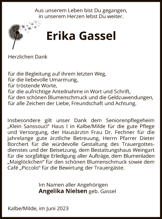 Traueranzeige von Erika Gassel von UEL