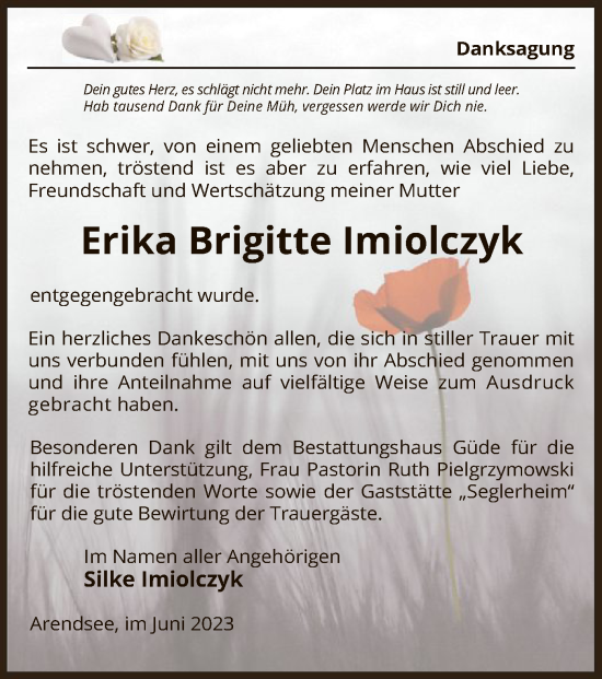 Traueranzeige von Erika Brigitte Imiolczyk von UEL
