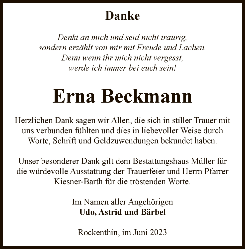  Traueranzeige für Erna Beckmann vom 24.06.2023 aus UEL