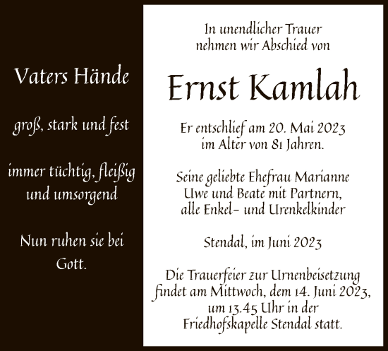 Traueranzeige von Ernst Kamlah von UEL