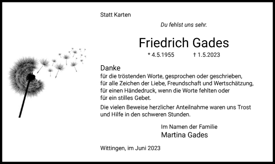 Traueranzeige von Friedrich Gades von UEL
