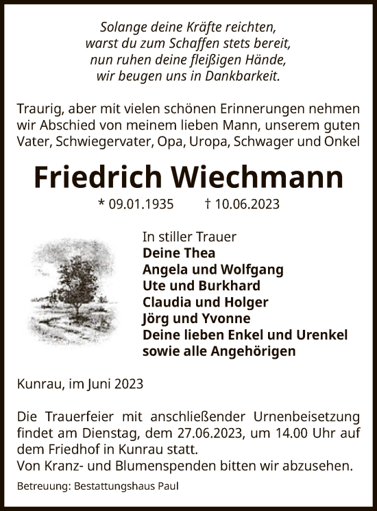 Traueranzeige von Friedrich Wiechmann von UEL