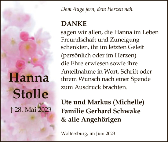 Traueranzeige von Hanna Stolle von UEL