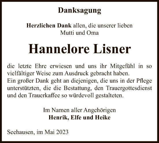 Traueranzeige von Hannelore Lisner von UEL