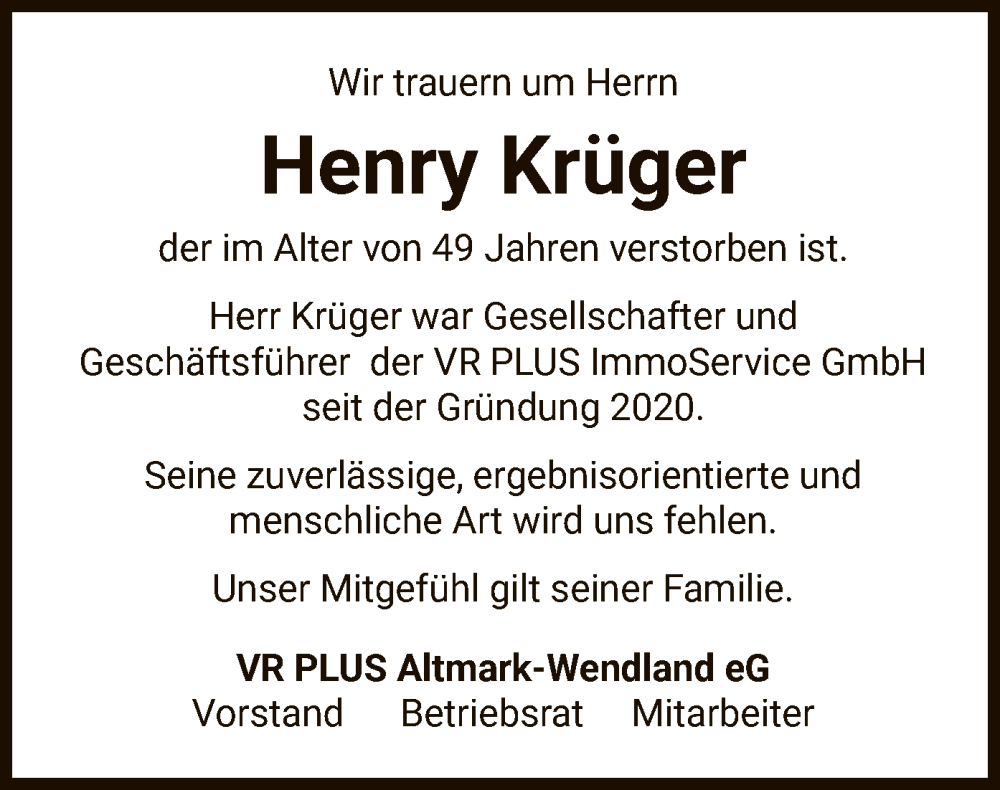 Traueranzeige für Henry Krüger vom 01.06.2023 aus UEL