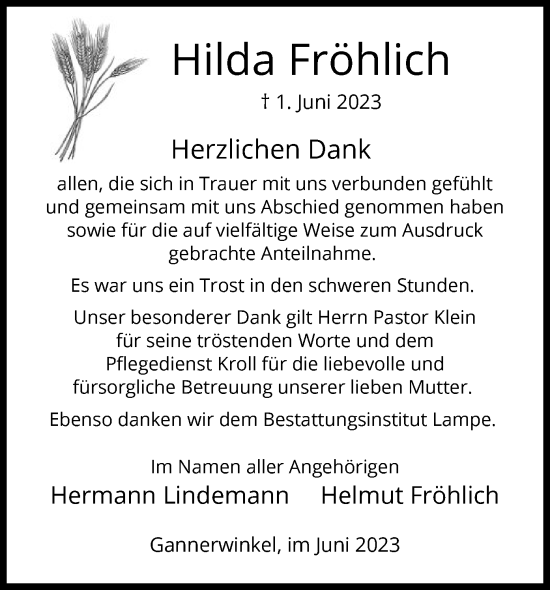 Traueranzeige von Hilda Fröhlich von UEL