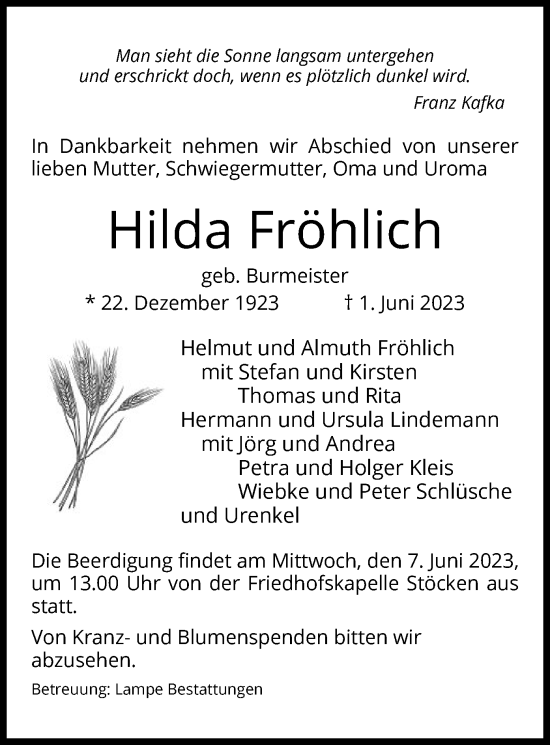 Traueranzeige von Hilda Fröhlich von UEL