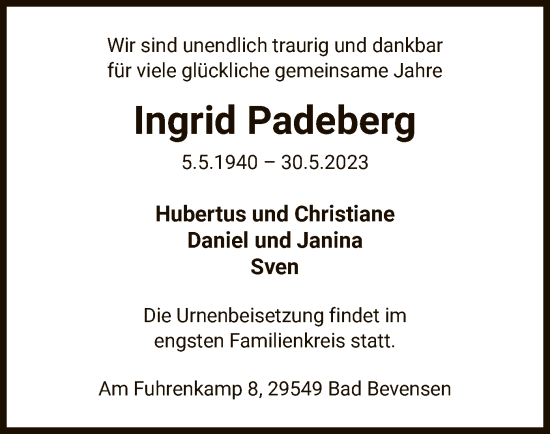 Traueranzeige von Ingrid Padeberg von UEL