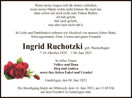 Traueranzeige von Ingrid Ruchotzki von UEL