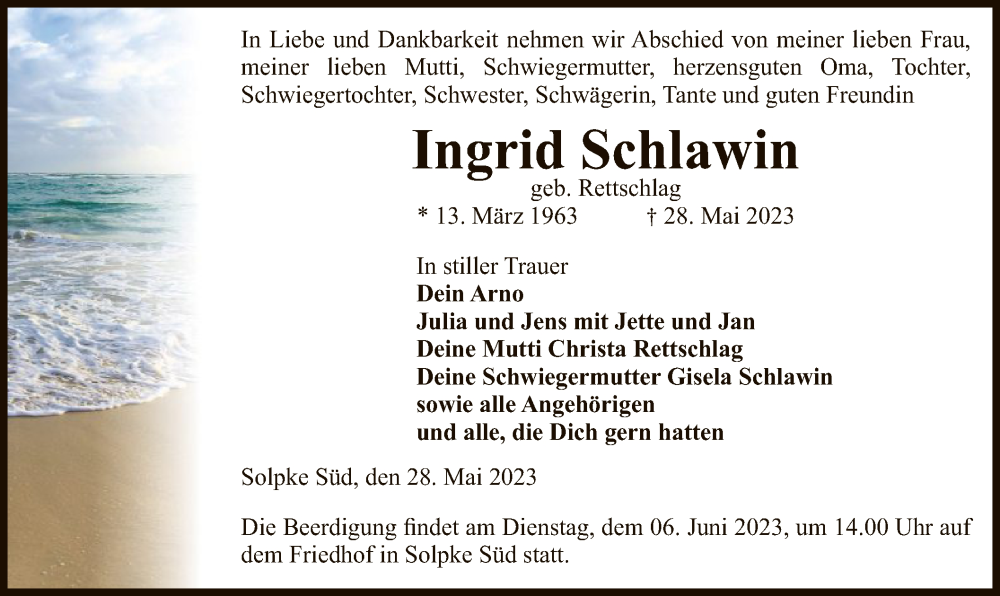  Traueranzeige für Ingrid Schlawin vom 01.06.2023 aus UEL