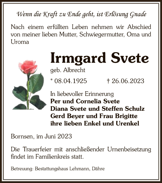 Traueranzeige von Irmgard Svete von UEL