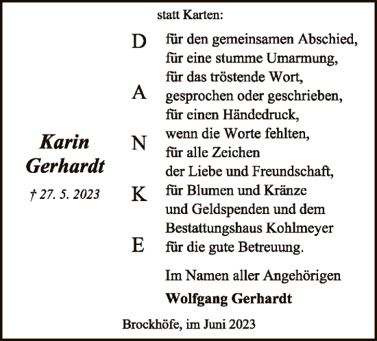 Traueranzeige von Karin Gerhardt von UEL