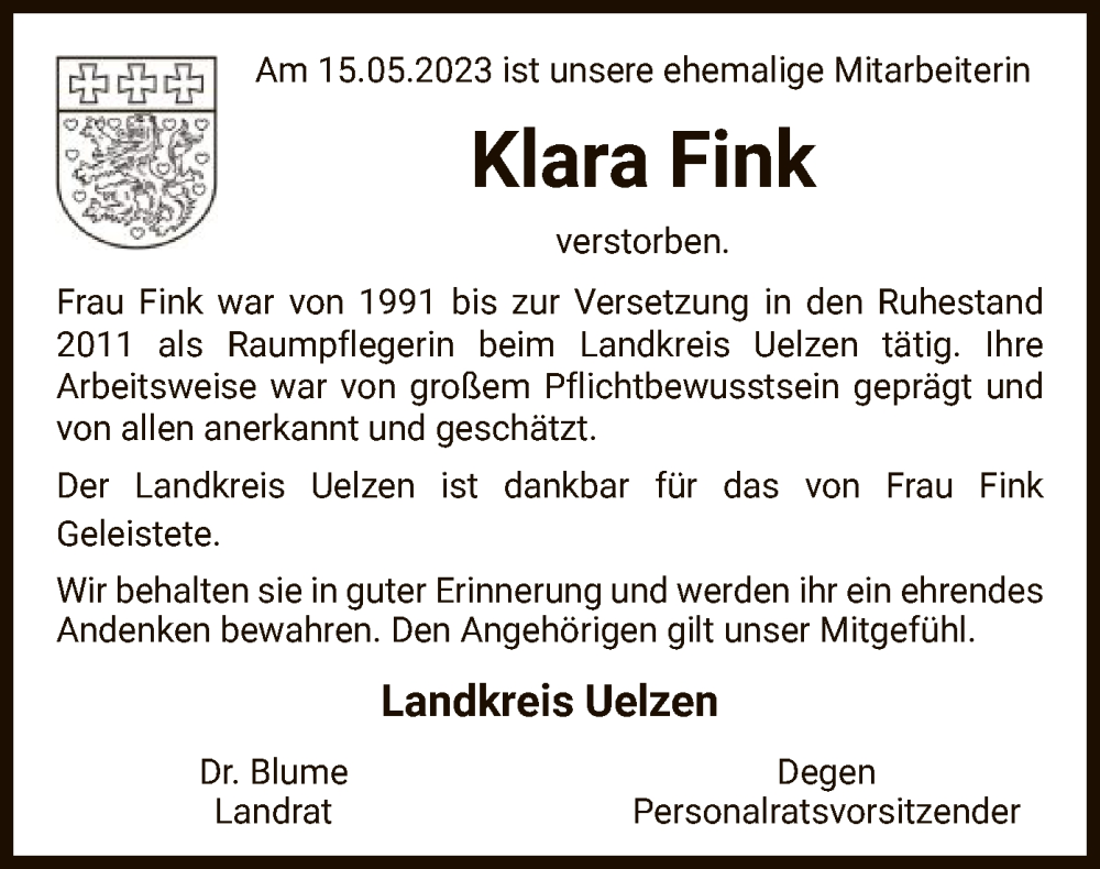  Traueranzeige für Klara Fink vom 03.06.2023 aus UEL