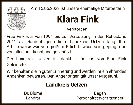 Traueranzeige von Klara Fink von UEL