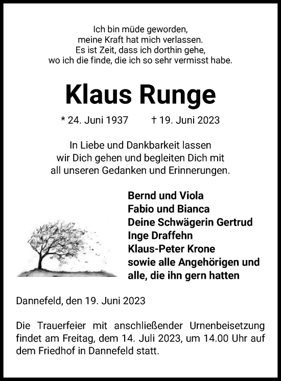 Traueranzeige von Klaus Runge von UEL