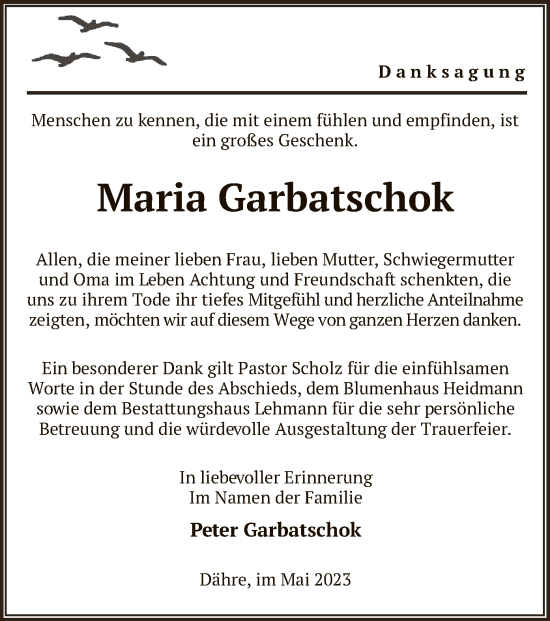 Traueranzeige von Maria Garbatschok von UEL