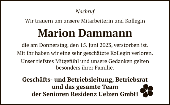 Traueranzeige von Marion Dammann von UEL