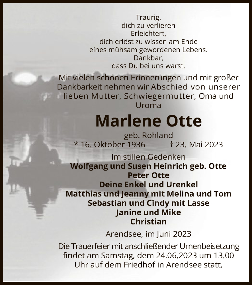  Traueranzeige für Marlene Otte vom 10.06.2023 aus UEL