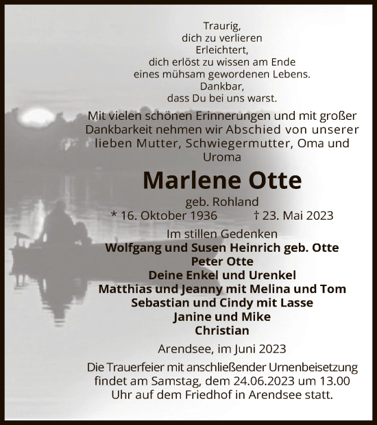 Traueranzeige von Marlene Otte von UEL