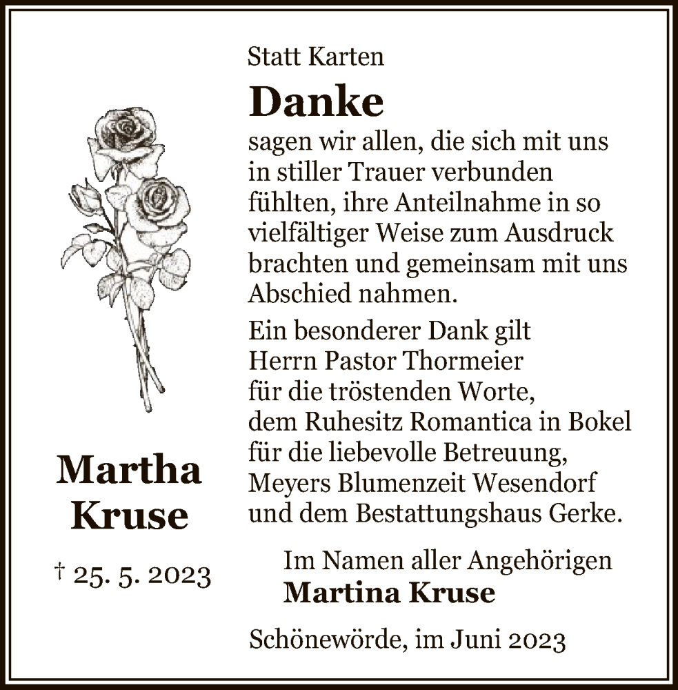  Traueranzeige für Martha Kruse vom 23.06.2023 aus UEL