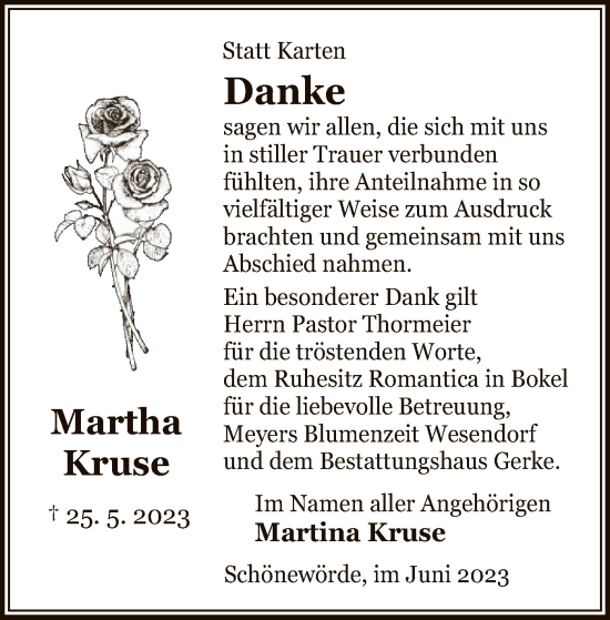 Traueranzeige von Martha Kruse von UEL