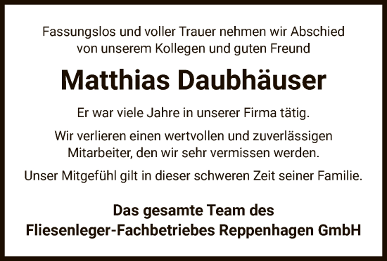 Traueranzeige von Matthias Daubhäuser von UEL