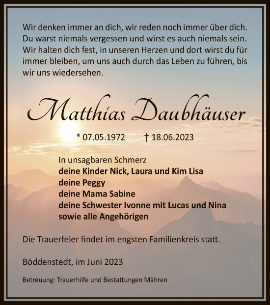 Traueranzeige von Matthias Daubhäuser von UEL