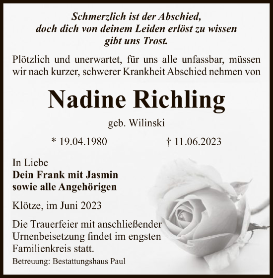 Traueranzeige von Nadine Richling von UEL