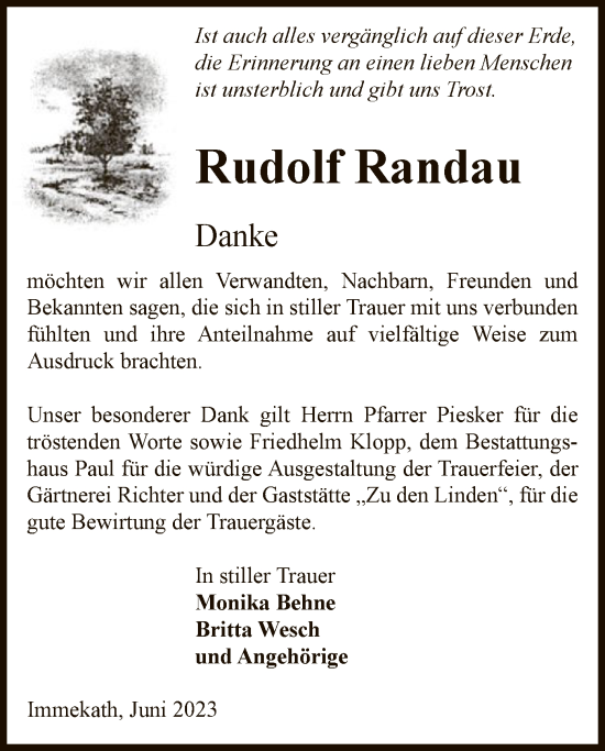 Traueranzeige von Rudolf Randau von UEL