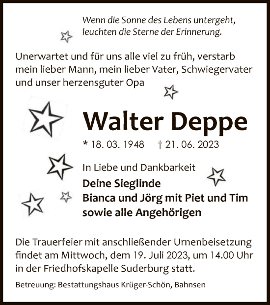 Traueranzeige von Walter Deppe von UEL