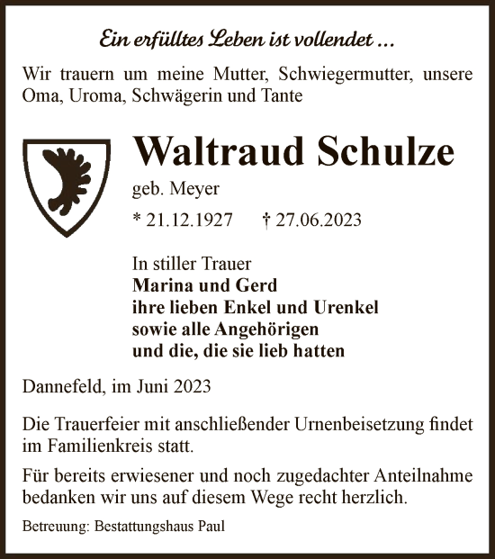 Traueranzeige von Waltraud Schulze von UEL