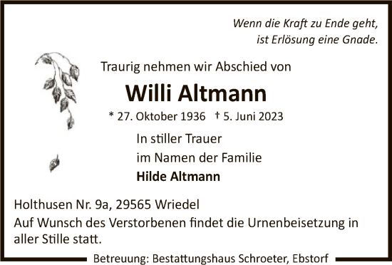 Traueranzeige von Willi Altmann von UEL