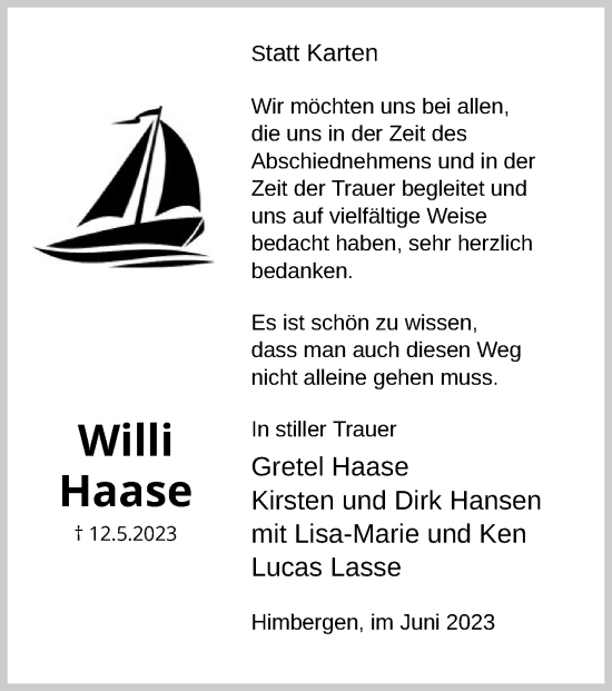 Traueranzeige von Willi Haase von UEL