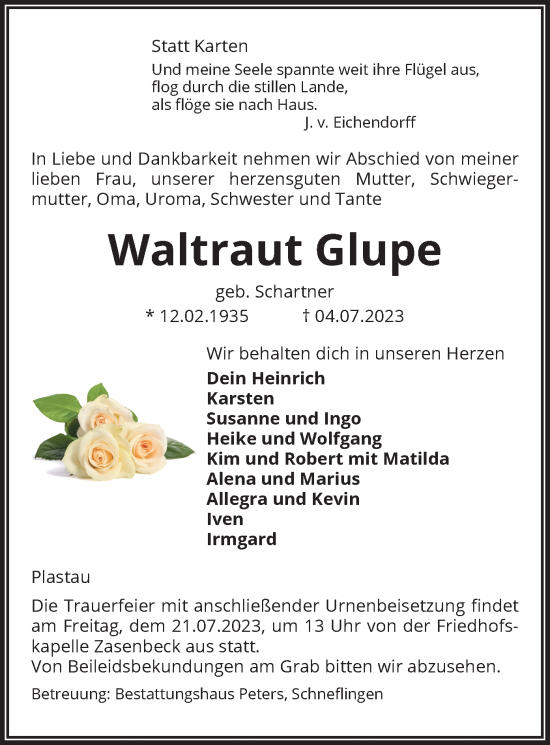 Traueranzeige von Waltraut Glupe von UEL