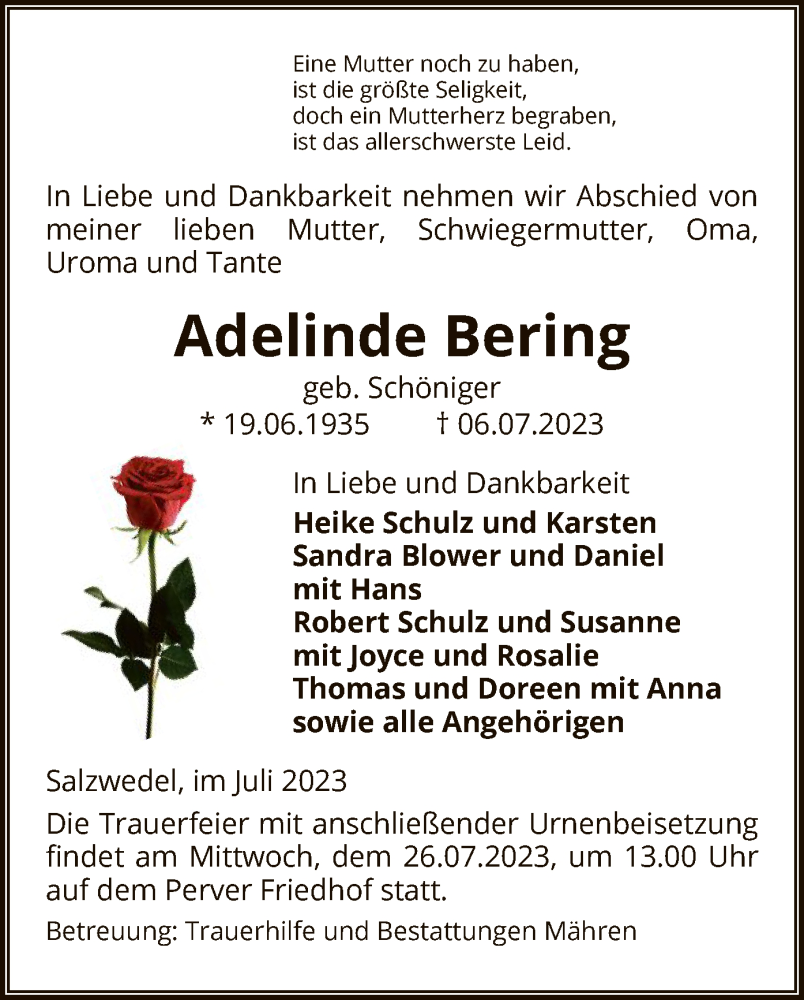  Traueranzeige für Adelinde Bering vom 11.07.2023 aus UEL