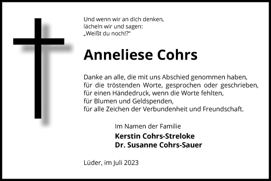 Traueranzeige von Anneliese Cohrs von UEL