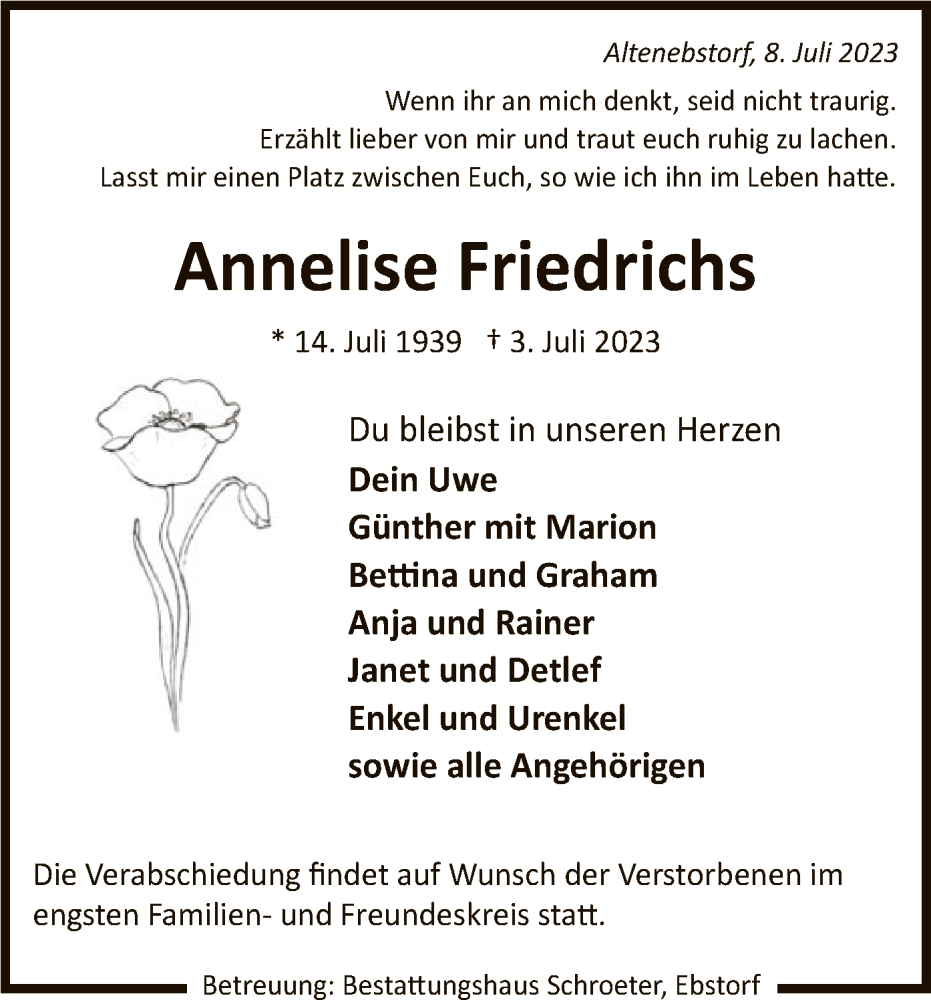  Traueranzeige für Annelise Friedrichs vom 08.07.2023 aus UEL