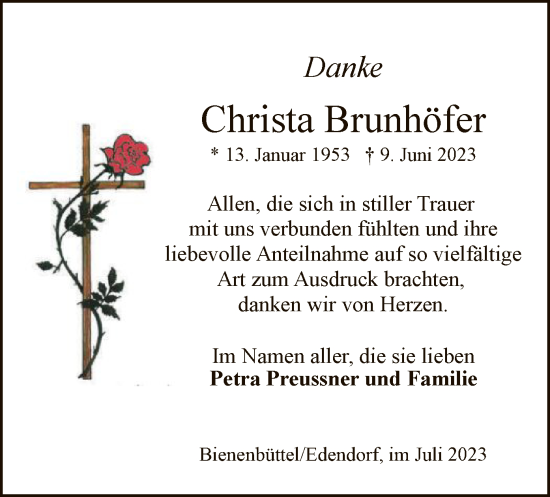 Traueranzeige von Christa Brunhöfer von UEL